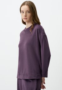 Felpa viola a maniche lunghe realizzata in materiale morbido, con taglio rilassato, scollatura rotonda e orlo piatto. Tessuto liscio con dettagli minimi.