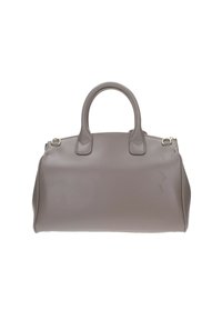 Borsa in pelle grigia con doppi manici, forma rettangolare, texture liscia e dettagli di cucitura discreti. Chiusura superiore con zipper, hardware minimale.