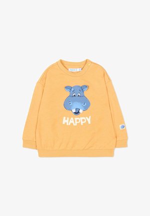 Pull orange pour enfants avec un visage d’hippopotame bleu souriant et le mot « HAPPY » imprimé sous l’hippopotame sur le devant.