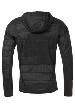 Črna puffer jakna z kapuco, prešito teksturo in kontrastnimi črnimi stranskimi ploščami. Oblika je elegantna z dolgimi rokavi.
