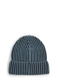 Bonnet en tricot noir et bleu foncé, avec des rayures verticales et un revers replié. Tissu texturé avec une coupe ajustée.