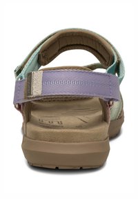 Flerfärgad sandal med justerbara remmar i akvamarin, lavendel och brun. Texturerad fotbädd och solid gummisula för hållbarhet.