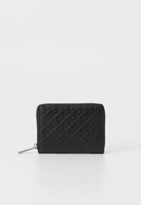 Black quilted leather wallet with silver zipper pull, embossed with a pattern of small crescent shapes in a diamond grid.