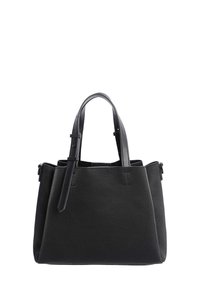 Bolso de mano de cuero negro texturizado con dos asas, de forma ligeramente trapezoidal y una correa ajustable sobre un fondo blanco.
