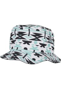 Bucket-Hut aus Stoff mit einem geometrischen Muster in Schwarz, Mint und Weiß, breiter nach unten gebogener Krempe und strukturiertem Oberflächenmaterial.