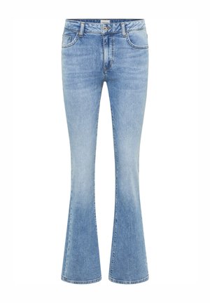 Jasnoniebieskie jeansy dzwony wykonane z denimu, z talią o średnim stanie, przednimi kieszeniami i delikatnym wyblaknięciem nadającym fakturę. Klasyczny fason z pięcioma kieszeniami.