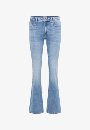 Jasnoniebieskie jeansy dzwony wykonane z denimu, z talią o średnim stanie, przednimi kieszeniami i delikatnym wyblaknięciem nadającym fakturę. Klasyczny fason z pięcioma kieszeniami.