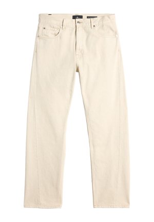 Jeans en denim couleur crème avec une coupe décontractée, comportant cinq poches, des accessoires en métal et des coutures visibles le long des coutures.