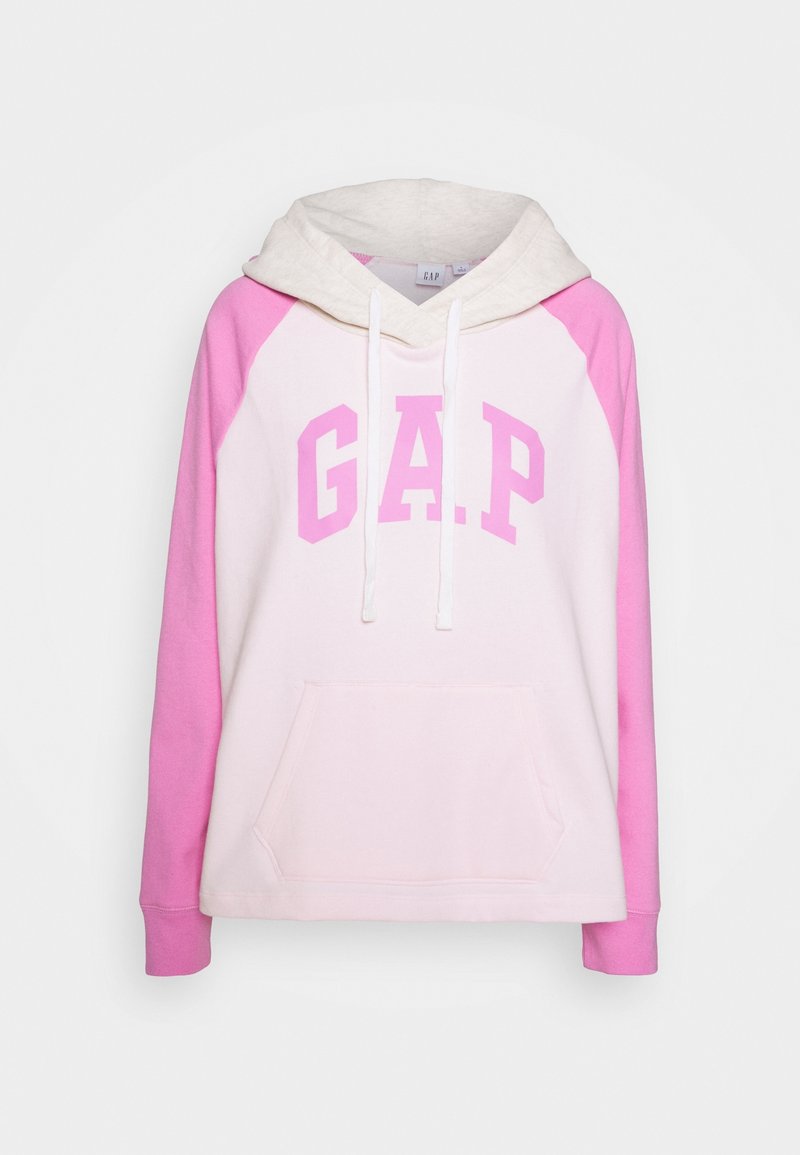 Felpa con cappuccio in rosa e bianco sporco, presenta una tasca frontale, cordini bianchi e un audace logo "G.A.P." in rosa sul petto.