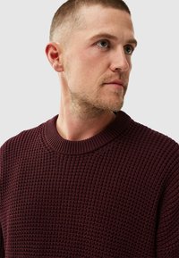 Burgundy knitted sweater with a ribbed crew neckline, featuring a textured pattern and a soft finish. Fit is relaxed and casual.