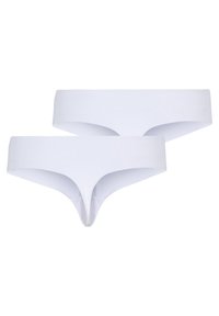 Białe, bezszwowe majtki z gładkiego, rozciągliwego materiału, o minimalistycznym designie i V-kształtnym przodzie. Pokazane dwie pary.
