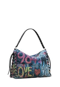 Leinenschultertasche mit bunten Grafiken, die die Texte "LIEBE" und "DICH" zeigt, mit schwarzem Tragegurt und dekorativer Schnürung an den Seiten.