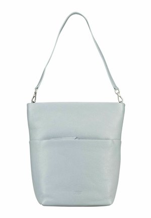 Sac à épaule en cuir bleu clair avec une sangle unique, une poche avant et des fermoirs métalliques argentés.