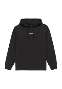 Schwarzer Kapuzenpullover aus Baumwollmischung. Verfügt über eine Kängurutasche, verstellbare Zugbänder und ein weißes Logo auf der Brust.