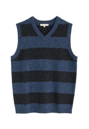 Donkerblauw en zwart gestreept mouwloos sweater met een v-hals, vervaardigd uit een getextureerde stof met gespikkelde details aan de randen.