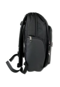 Zwarte rugzak van gestructureerde stof, met een gevoerd rugpaneel en verstelbare schouderbanden. Bevat meerdere ritscompartimenten en contrasterende accenten.