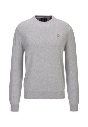 Grijze gebreide trui met een ronde hals en geribbelde manchetten. Voorzien van een klein logo op de borst. Zacht materiaal en klassiek ontwerp.