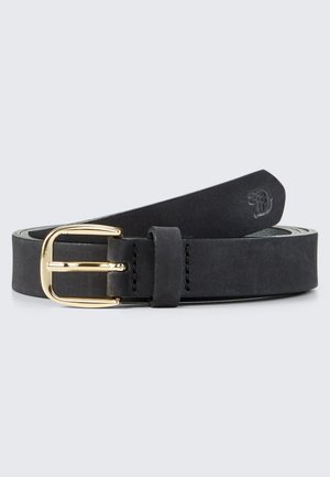 Black leather belt with a smooth texture, featuring a gold metal buckle and a slight taper at the end. Stamped logo on the inner side.