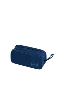 Astuccio navy realizzato in tessuto durevole, con due scomparti con zip, una maniglia laterale e un accento con logo sulla parte anteriore.