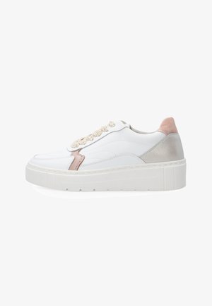 White platform sneaker with beige and metallic silver accents and thick cream-colored laces on a plain white background.