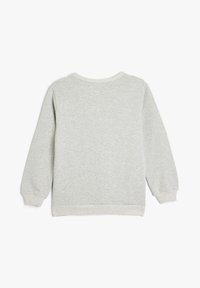 Sudadera gris con cuello redondo, mangas largas y puños y dobladillo de canalé. Material suave con una textura lisa, sin gráficos visibles.