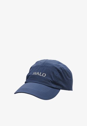 Niebieska lekka czapka z otworami wentylacyjnymi po bokach i nadrukiem logo "HALO" na środku przodu.