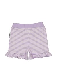 Violet raidalliset shortsit, joissa on ryhmittelyreunus ja pehmeä vyötärö. Materiaali näyttää olevan joustava ja kevytrakenteinen.