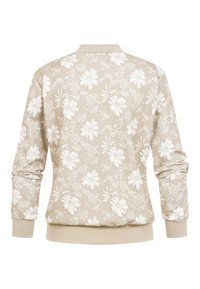 Beige bomberjack met lange mouwen, geribde manchetten en zoom, uitgevoerd met een geheel wit bloemenpatroon.
