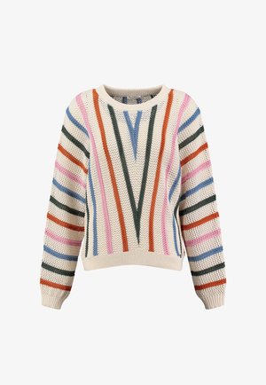 Crèmekleurige gebreide trui met verticale en diagonale strepen in groen, oranje, blauw en roze, met lange mouwen en een ronde hals.
