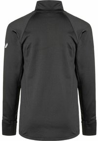 Camisa negra de manga larga, hecha de una tela suave y elástica con un cuello alto. Presenta mangas raglán y un pequeño logo en el hombro izquierdo.