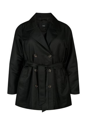 Abrigo trench negro de doble botonadura con cinturón en la cintura, hecho de material suave. Presenta grandes solapas y adornos de botones en la parte delantera.