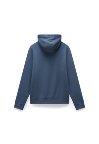 Felpa con cappuccio in tessuto blu navy uniforme, con una vestibilità comoda, maniche lunghe e polsini e orlo a coste. Texture liscia, dettagli di design minimi.