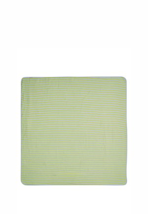 Soft rectangular blanket with thin horizontal yellow and white stripes and rounded corners on a white background.
