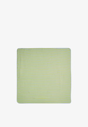 Soft rectangular blanket with thin horizontal yellow and white stripes and rounded corners on a white background.