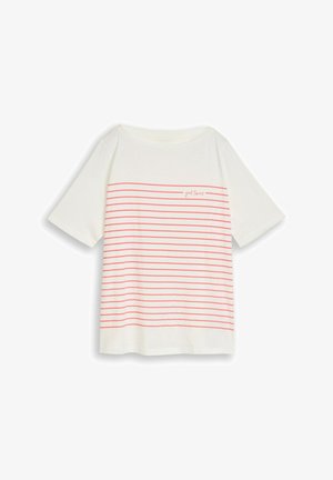 Fehér rövid ujjú póló vékony, vízszintes piros csíkokkal és "good times" felirattal a bal mellrészen.