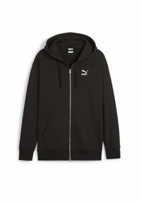 Sort zip-up hoodie lavet af blødt stof, med en kængurulomme, snoretræk i hætten og et hvidt Puma-logo på brystet.