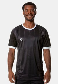 Black athletic jersey made of smooth fabric, featuring white accents on the collar and sleeves, with vertical pinstripes and a logo on the chest.