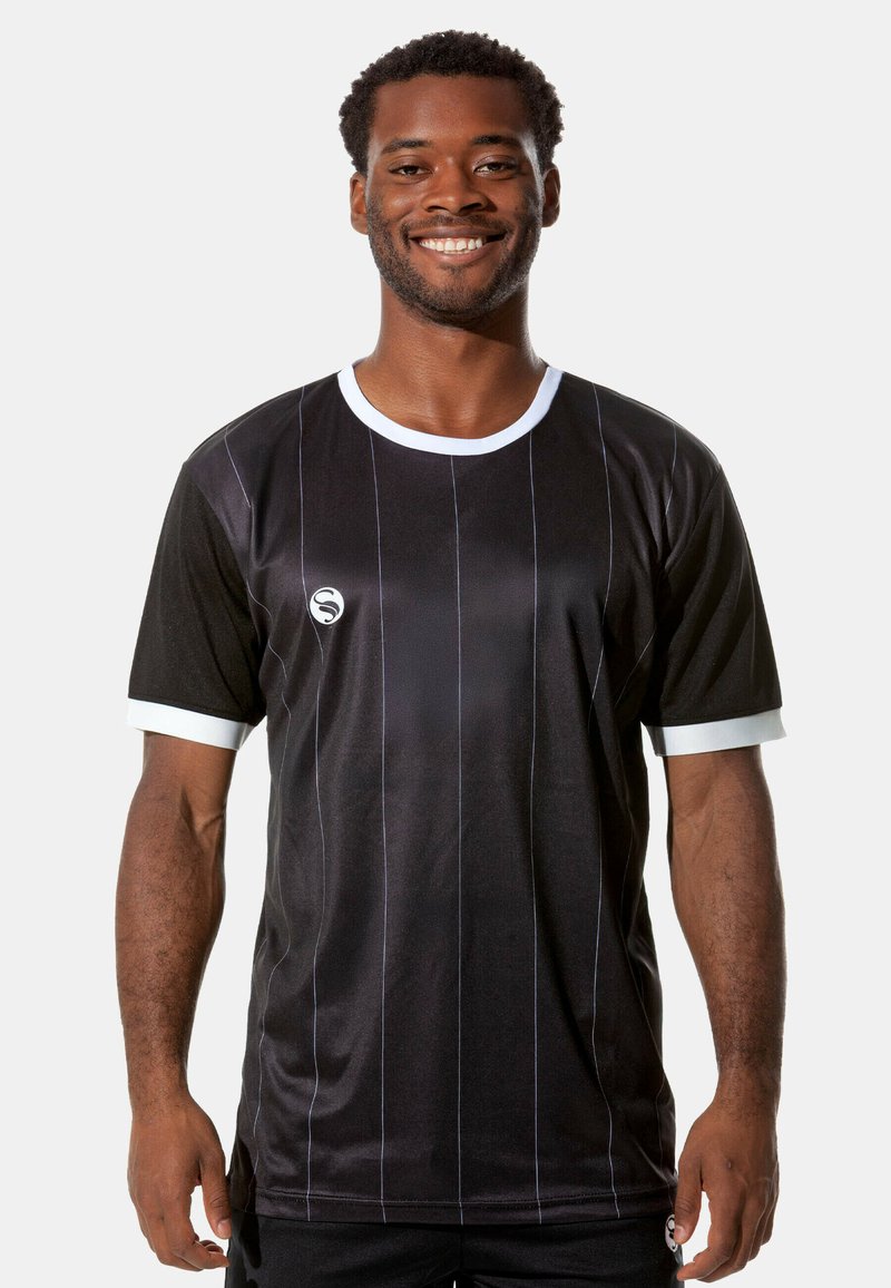 Black athletic jersey made of smooth fabric, featuring white accents on the collar and sleeves, with vertical pinstripes and a logo on the chest.