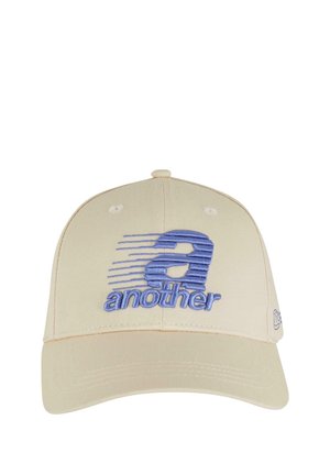 Beige baseball cap with a curved brim, featuring a blue embroidered design with the letters "a" and "another" in a stylized font.