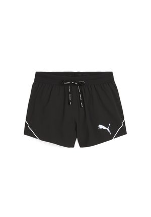 Zwarte sportshorts van lichtgewicht stof, met een mesh tailleband, trekkoordsluiting en een wit Puma-logo aan de rechter voorkant.
