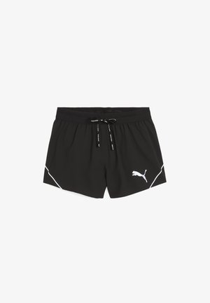 Čierne športové šortky z ľahkej látky, s elastickým pásom z meshu, so sťahovacou šnúrkou a bielym logom Puma vpravo vpredu.