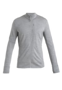 Gray zip-up jacket made of soft fabric, featuring a high collar, long sleeves, and side pockets. Smooth texture with a clean, minimalist design.