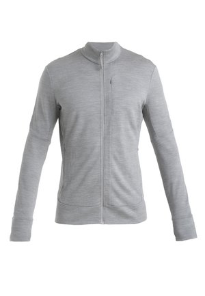 Gray zip-up jacket made of soft fabric, featuring a high collar, long sleeves, and side pockets. Smooth texture with a clean, minimalist design.
