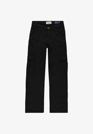 Zwarte cargo broeken met een losse pasvorm, voorzien van twee voorkruiszakken en twee zijzakken, gemaakt van duurzaam stof, met een knoopsluiting.