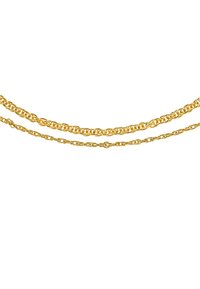 Collane a catena placcate in oro con misure di anelli diverse; design intrecciato e testurizzato; finitura lucida; tre fili disposti orizzontalmente.