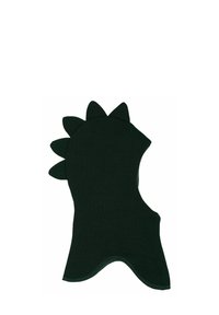 Tamsiai žalia gobtuvu kaklo šildyklė su aštriais viršutiniais akcentais, pagaminta iš minkštos medžiagos. Turi be siūlių, apvalintą apatinį kraštą, užtikrinantį komfortą.