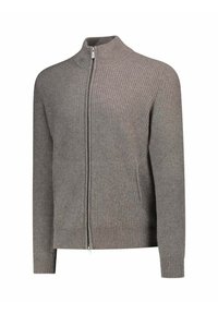 Pull en maille côtelée gris à fermeture éclair intégrale, col montant et manches longues, présenté sur un fond blanc.