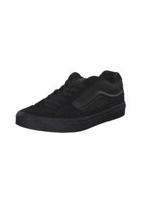Sneaker nera con tomaia in suede e mesh, punta rotonda, suola piatta in gomma nera e design a strisce nere a contrasto sui lati.