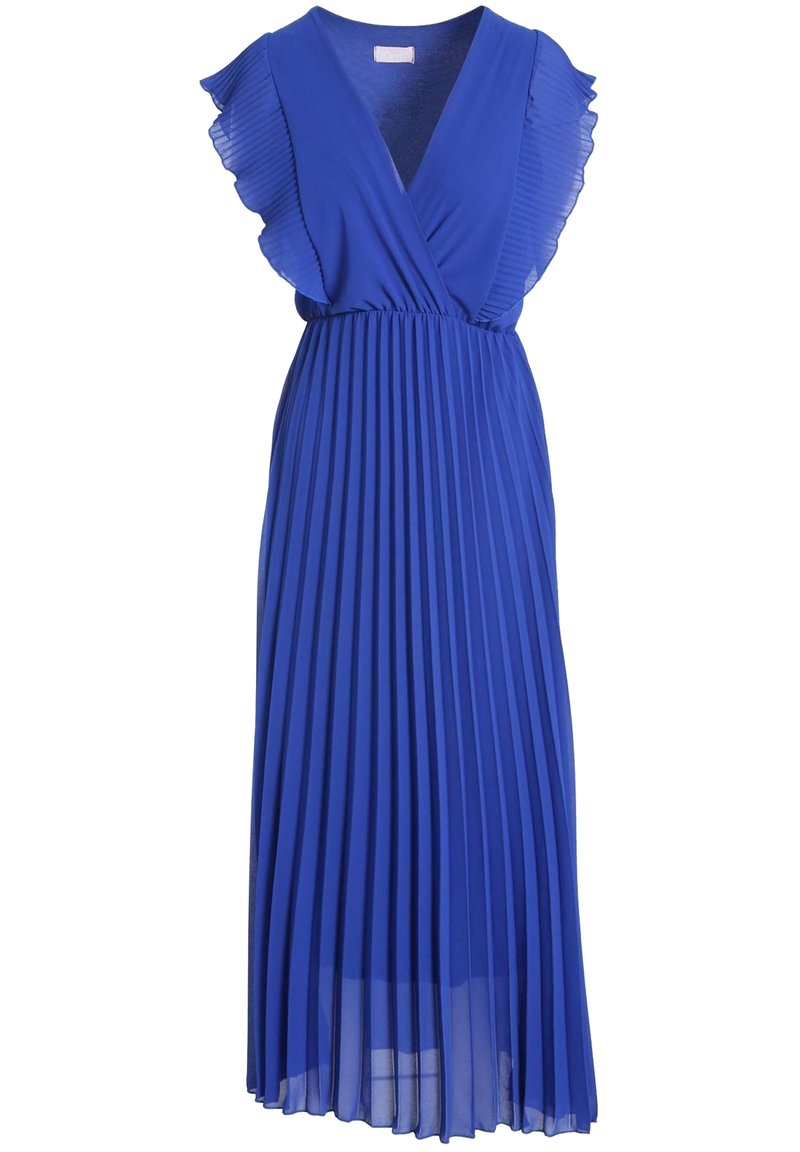 Modré skládací šaty s výstřihem do V, volánkovými krátkými rukávy a vypasovaným pasem. Tkanina je hladká s tekoucí, lehkou strukturou.