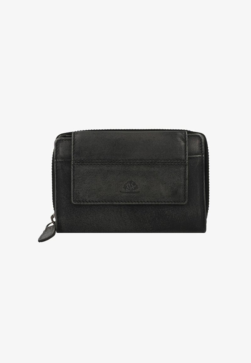Portafoglio in pelle nera con finitura testurizzata, chiusura con zip e tasca con pattina frontale. Presenta una sobria stampa a caldo del logo e cuciture a contrasto.